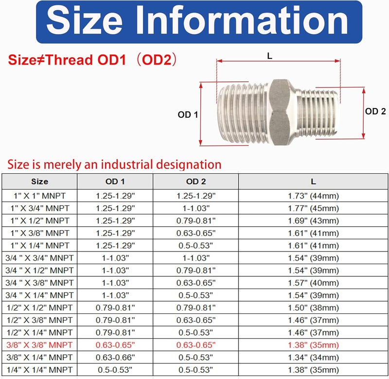 POTONZ 3/8" Male x 3/8" Male NPT Threaded Hex Nipple Pipe Fittings 304 Stainless Steel Pipe Adapter Fittings Equal Nipples Connectors With Teflon Plumbers Tape (Pack of 2) - Image 2